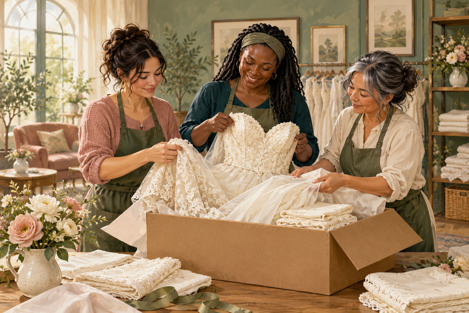 Illustration of volunteers carefully packing a wedding dress and linens to share with others.